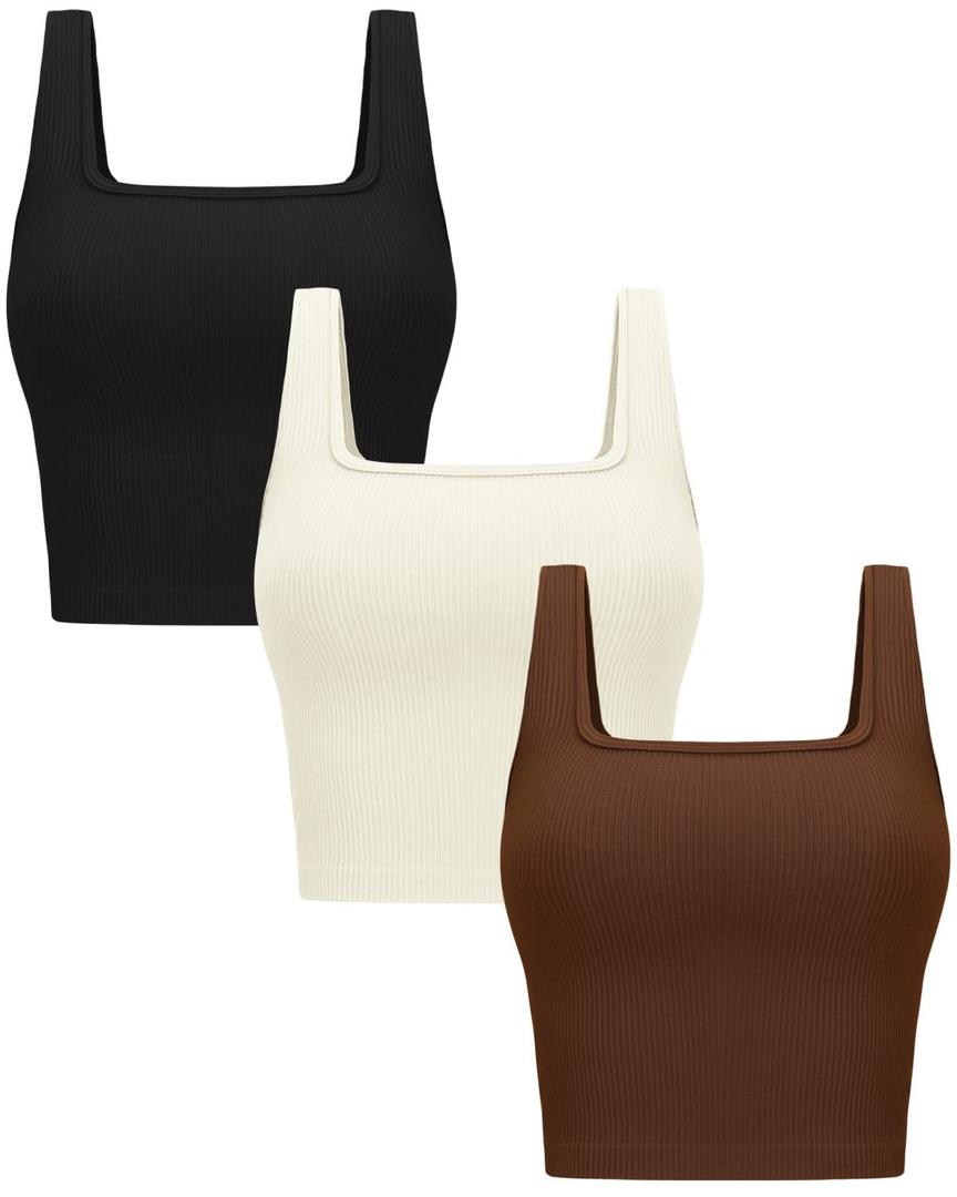 OLCHEE Womens 3 Pack Crop Tank Tops Basic Seamless Ribbed Sleeveless Square Neck Workout Top Summer Exercise Yoga Gym Shirts size XL