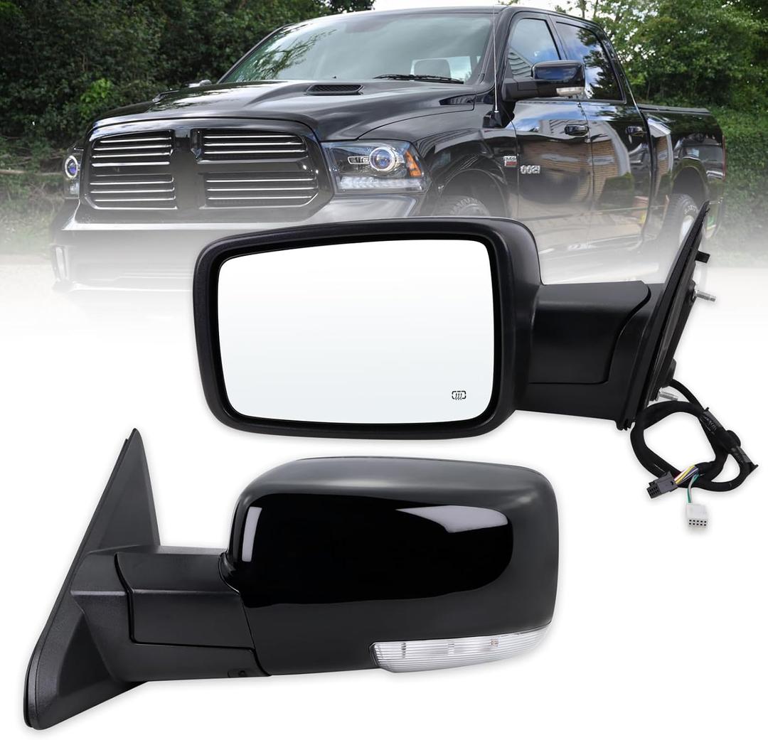 Left Driver Side Mirror Compatible With 2013-2018 Ram 1500 2500 3500 With Power Folding Power Glass Heated Temperature Sensors Turn Signal Puddle Lights Black Replace#68096197AF (10+2Pins)