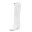 ISNOM Women's Cowgirl Boots Pull On Knee High Boots, Cowboy Western Embroidered Chunky Block Heel Pointed Toes Boots, Size 8US