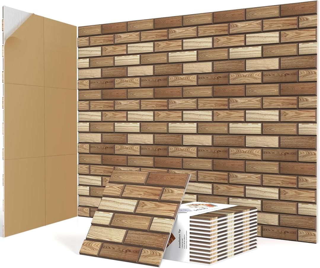 12Pack Acoustic Panels, Self-Adhesive 3D Brick Pattern Sound Proof Panels for Walls, Decorative Sound Dampening Wall Panels for Recording Studios, Offices, Home, 12"12"0.4", Faux Wood Grain Print