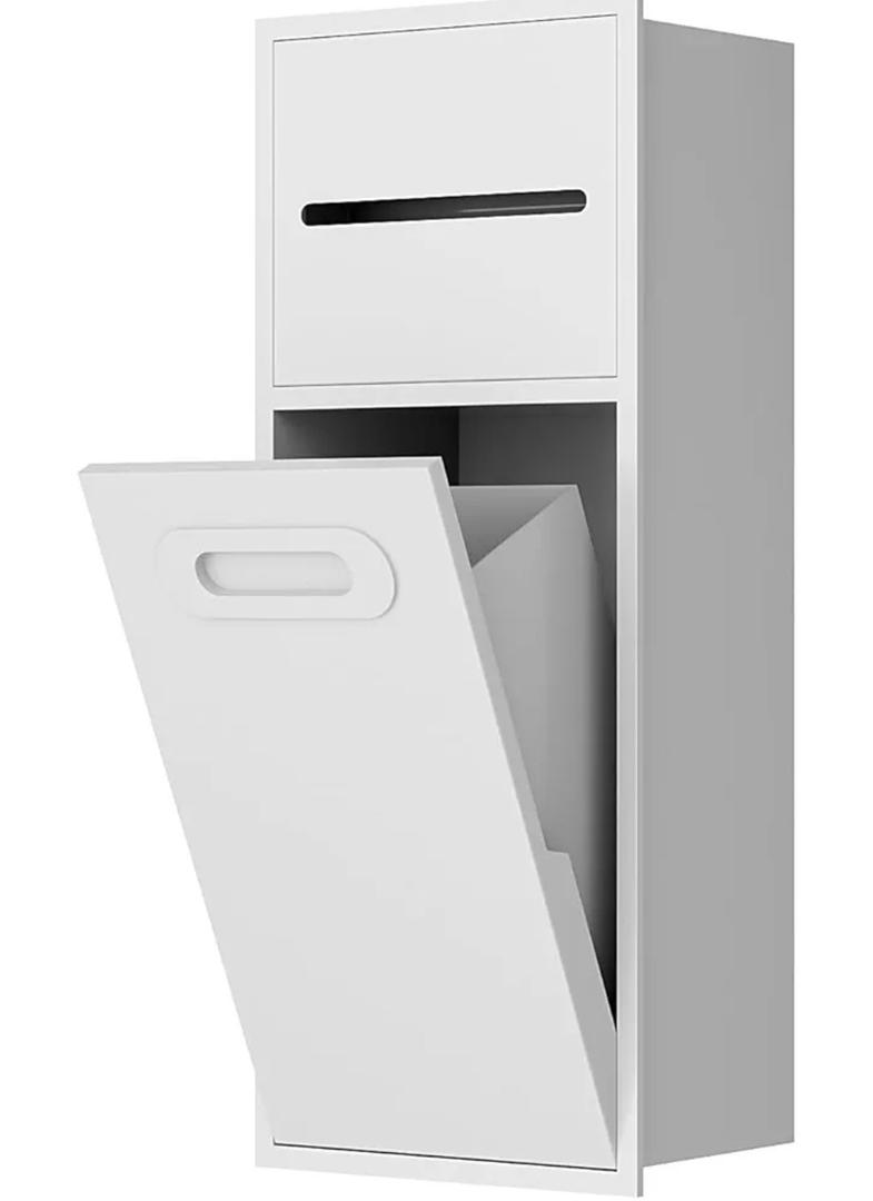 SUPERFLO 3 Gallon Bathroom Trash Can Tilt Out Trash Bin Cabinet, Hidden Trash Can Cabinet Recessed Wall Mounted Stainless Steel with Toilet Paper Holder for Bathroom/Bedroom/Office Renovation, White color, size 8x20 inch