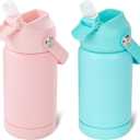 Kerilyn 12oz Kids Water Bottle 2 Pack, Stainless Steel Insulated Water Bottle Bulk, Toddler Cups with Straws Leak-Proof, Kids Water Bottles for School Boys Girls, BPA Free, Pink+Green 2 Piece Set