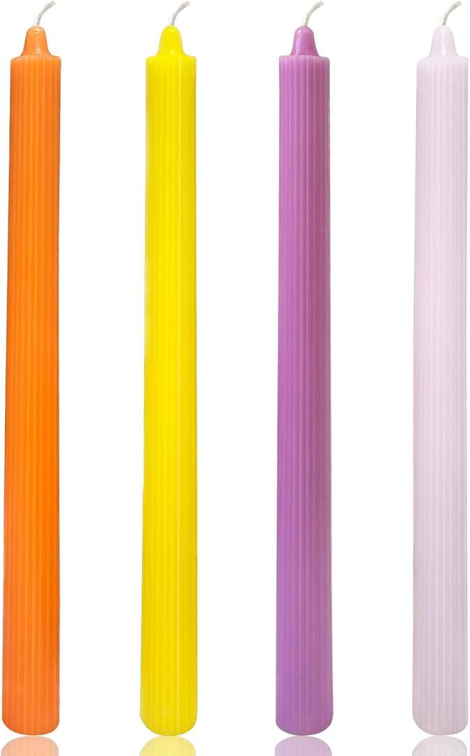 10.5 Inch Multi-Color Striped Taper Candles Set for Home Decoration, 4 Pack Unscented Candlesticks, Dripelss Thin Tapered Candles for Wedding Party Holiday Celebration - Yellow Orange Pink Purple