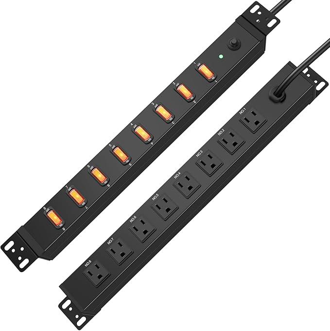 HHSOET 1U Rack Mount Surge Protection, 8 Outlet PDU Power Strip, Metal Mountable Outlet Strip with Switch,1200J, 6ft Power Cord