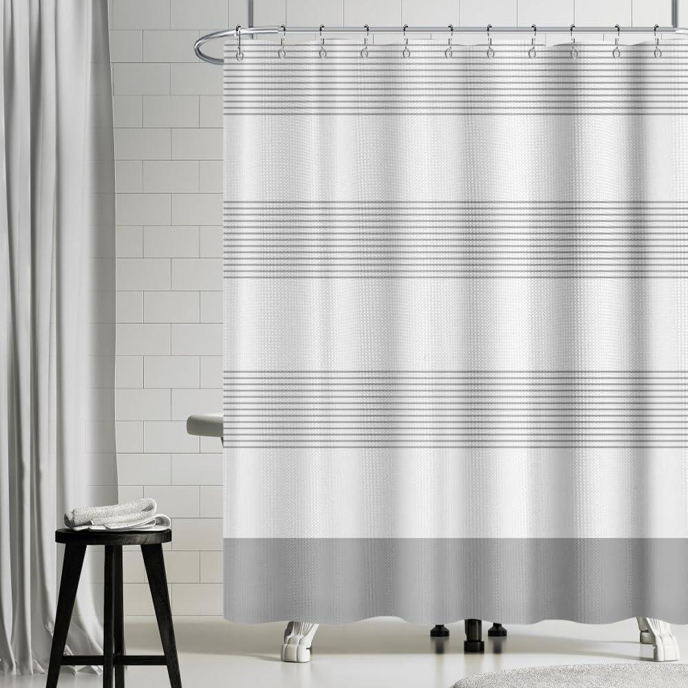 White Grey Striped Waffle Shower Curtain Farmhouse Plaid Patchwork Stall Bath Curtain Rustic Boho Neutral Bathtub Curtain for Kids Bathroom Decor Waterproof with Hooks 71x79 Inch