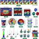 142 Pcs Party Decorations Set, Soccer Theme Party Supplies Includes Background Cloth, Plates, Napkins, Horns, Straws, Hanging Swirls, Balloons, Cake Topper for Sports Birthday Party, Soccer Decor