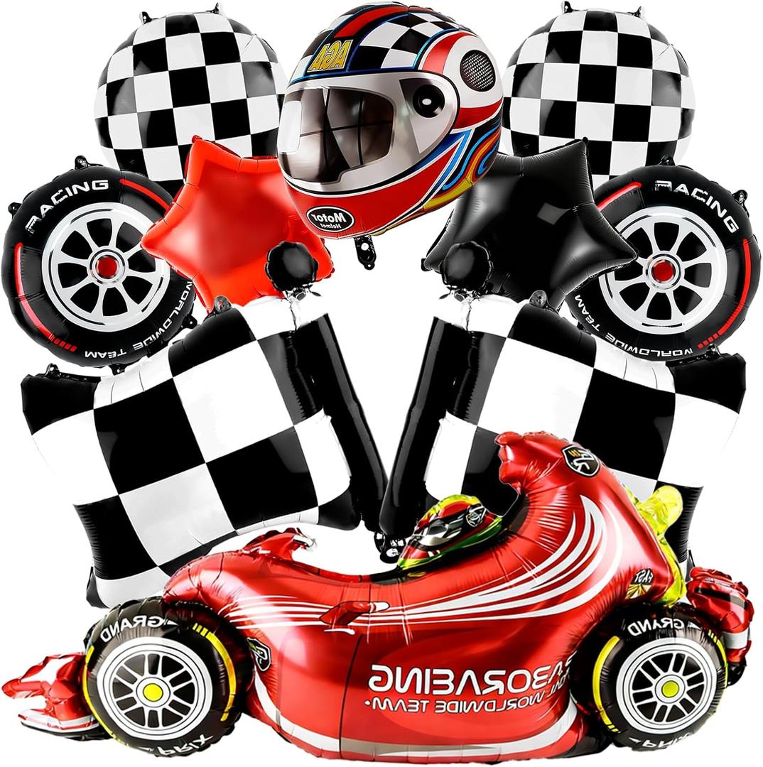 Race Car Balloons 10 pcs Tire Wheel Balloons Chequered Flag Balloons Helmet Tyre Racing Balloon Race Car Birthday Party Decorations