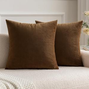 MIULEE Pack of 2 Chocolate Velvet Throw Pillow Covers 16x16 Inch Soft Solid Decorative Square Set Cushion Cases for Couch Sofa Bedroom