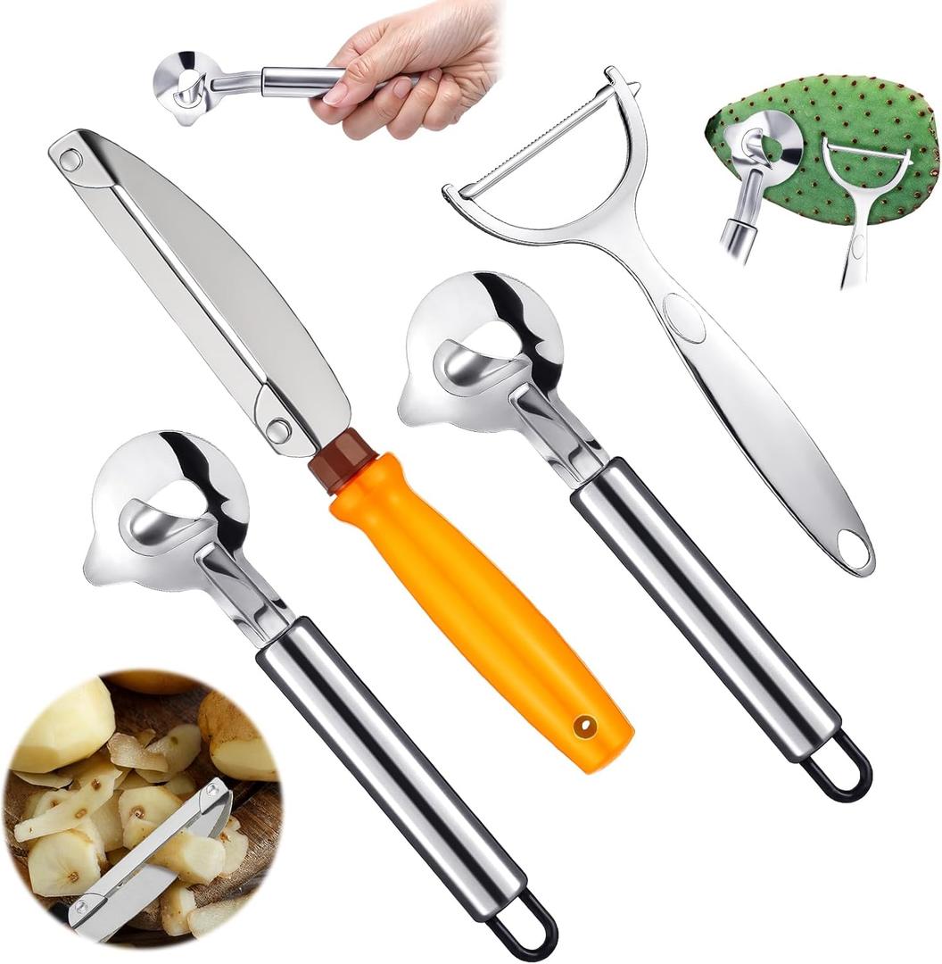 Lothee 4 Pcs Cactus Peeler Tools Set, Peeler Spoon, Stainless Steel Cactus Paring Knife Long Handle with Hole Slicing Noodle Cutter for Kitchen Cooking, Cuchara Multi-function Pelador De Nopales