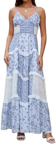 ABYOVRT Women Floral Maxi Dress Spaghetti Straps V Neck Patchwork Flowy Boho Sundress Tiered Long Dresses L ABYOVRT Women Floral Maxi Dress Spaghetti Straps V Neck Patchwork Flowy Boho Sundress Tiered Long Dresses L