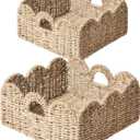 Scalloped Basket 2-Pack - Wicker & Rattan Storage with Built-in Handles, Decorative Woven Seagrass Basket for Nursery & Bathroom Organization
