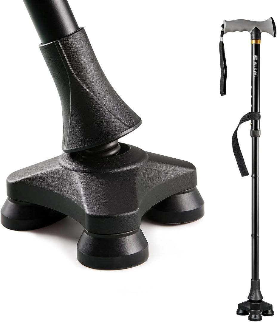 Folding Freedom Walking Cane – Elastic Self-Standing Tripod Base (2026 New), Heavy-Duty 400lbs & Yet Lightweight, Ergonomic Soft-Grip Handle, Collapsible & Adjustable Canes for Stability, Black