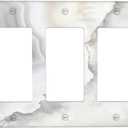 White Grey Marble Light Switch Cover Decorative Gray Marble Modern 3 Gang Triple Rocker Wall Plate Switch Plate Covers Electrical Outlets Faceplate for Kitchen Bathroom Bedroom 6.57" x 4.65"