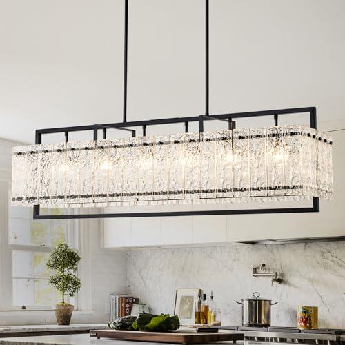 ANTILIYA Modern Rectangle Black Crystal Chandeliers for Dining Room, Water Ripple Glass Island Light Fixture, 40.5" Large Linear Farmhouse Lighting for Kitchen Island, Living Room