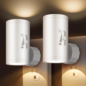 LED Plug-in Wall Night Light with Dimmable 0-300 Lumens, 2700K Warm White, Auto On/Off Light Sensor & Adjustable Head for Hallway, Stairs, Bedroom,2 Pack