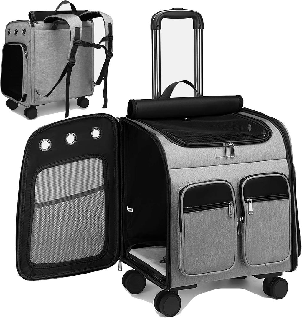 Wheeled Pet Carrier Backpack Pet Stroller, Travel Carrier, Car Seat for Small Dogs Cats Puppies, Comfort Cat Backpack Removable Rolling Wheels Mesh Ventilation Windows (Large Grey)