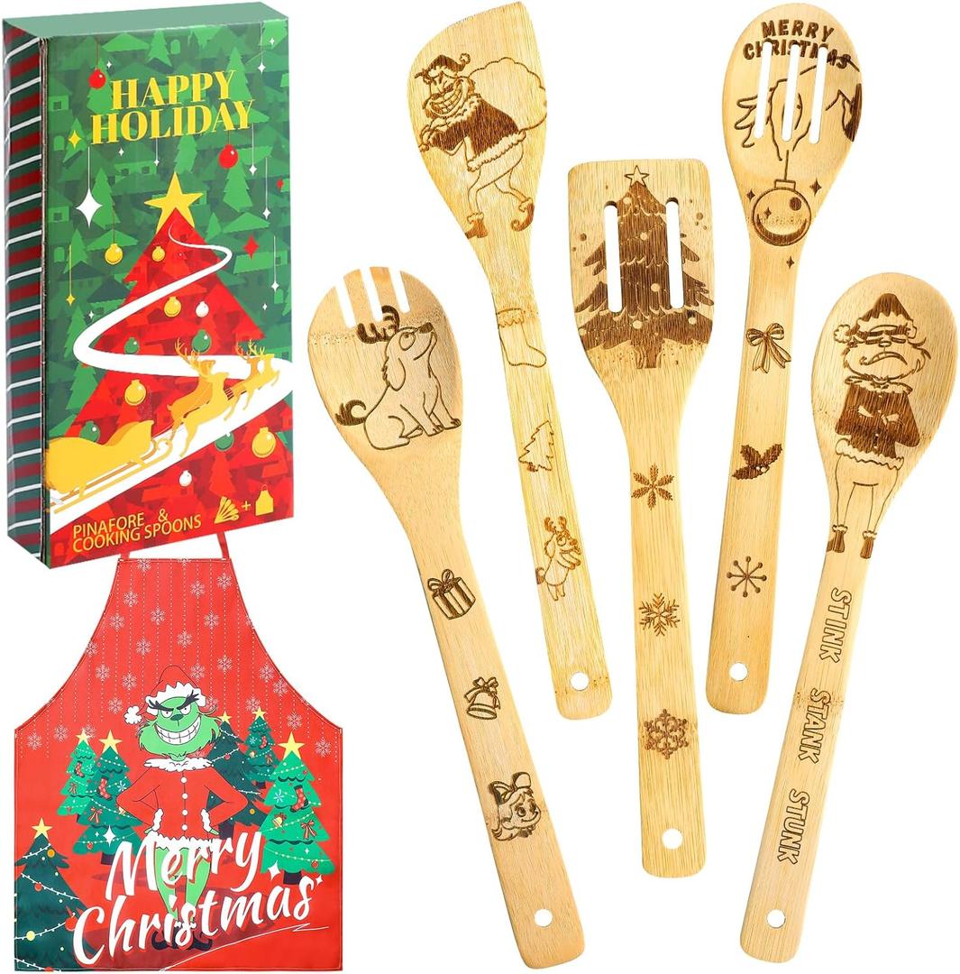 6PCS Christmas Bamboo Kitchen Utensils Set with Apron Wooden Spoons for Cooking&Serving Set Cooking Engraved Patterns for Kitchen Christmas Gifts for Women Men Mom House Kitchen Decor