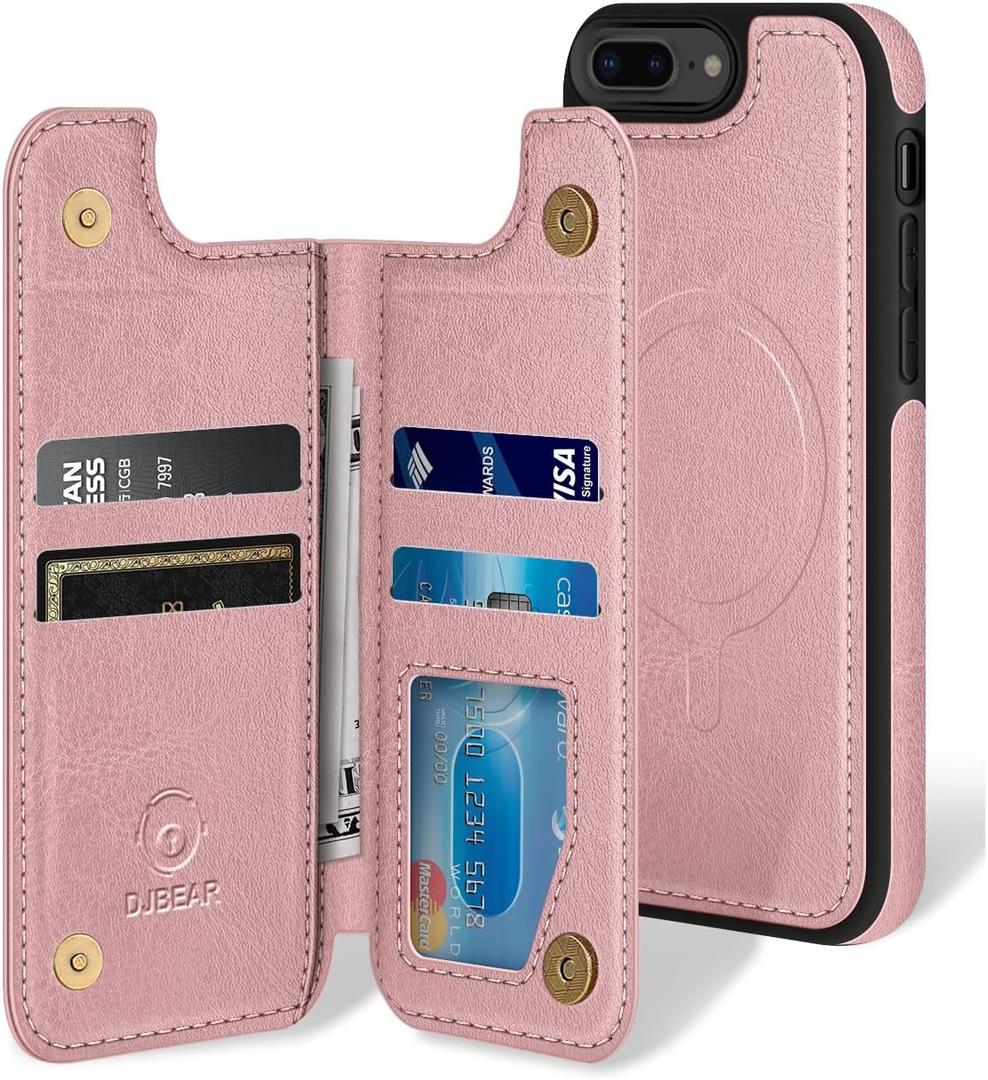 for iPhone 7 Plus/8 Plus 5.5" phone case[Compatible with magsafe][RFID Blocking Leather][Magnetic 2-in-1 Detachable][Back Flip Folio wallet]Shockproof Men Women Cover Apple 8Plus/SE2 Rose Gold