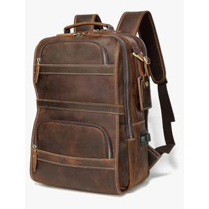 LANNSYNE Vintage Genuine Leather Backpack For Men 15.6 Inch Laptop Bag Overnight Weekender Camping Daypack Rucksack