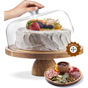 Acacia Wood Valentine Cake Stand with Dome Lid - 12in Round Holder for Valentine's Baking, 2-in-1 Dessert Display & Charcuterie Board, Valentine's Day Serving Platter, Large Acrylic Cover