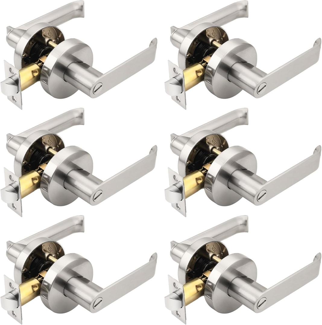 6 Pack Satin Nickel Room Door Locks Bedroom, Bathroom Door Handle, Keyless Room Door Lock, Modern and Sturdy, Heavy Duty