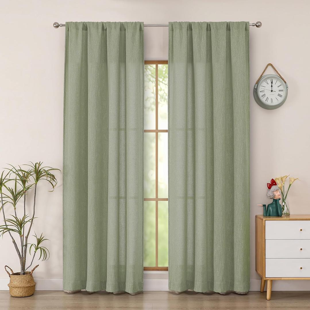 Simplebrand Sage Green Faux Linen Textured Semi Sheer Curtains 72 Inches Long 2 Panels Set, Light Filtering Privacy Farmhouse Curtains, Soft Window Drapes Rod Pocket Top for French Door, 40W x 72L