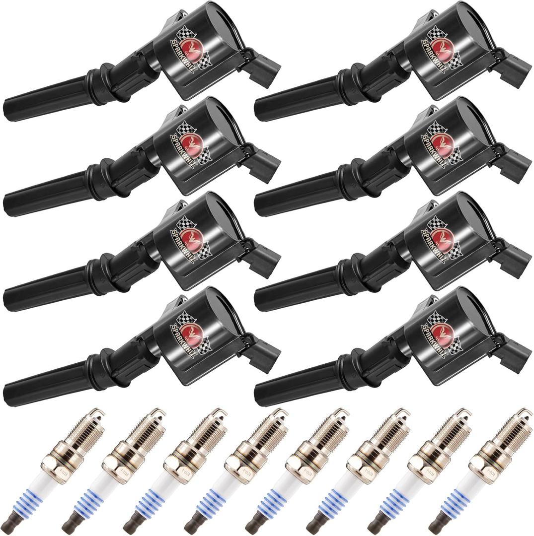 8 Pack DG508 Ignition Coils Iridium Spark Plugs SP479, Compatible with Ford F150 F250 F350 E150 E250 Econoline Excursion Explorer Mustang Lincoln Mercury, Replace# FD503 SP493 (Black)