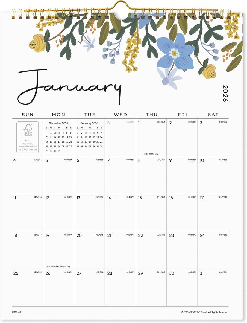 Cabbrix Wall Calendar 2025, 18 Monthly Calendar from Jan 2025 - Jun 2026, 15 x 12 Inches, Hanging Hook, Twin-Wire Binding, Floral Design Calendar for Easy Organizing (Flora)