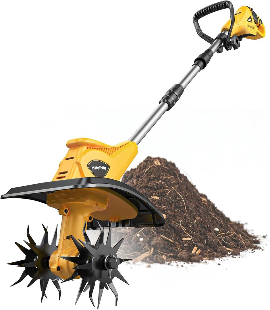 Cordless Tiller Cultivator Compatible with Dewalt 20V Battery (Tool Only), MtiolHig 360RPM Electric Garden Tiller for Gardening, Brushless Rototiller 9" Width 6.3" Depth for Soil Cultivation, Yellow