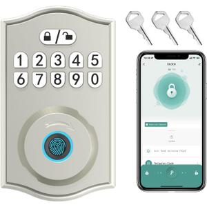 Smart Door Lock - Keyless Entry with Fingerprint/Bluetooth APP Control/Password, Auto Lock, One Time Code, Nickel