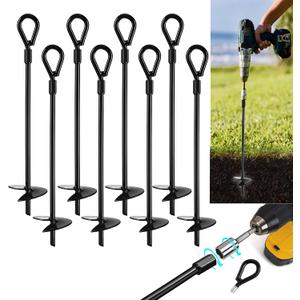 VASGOR 15 Ground Anchors (8pcs) Easy to Use with Drill, 3" Helix Diameter, Heavy Duty Anchor Hook for Camping Tent, Canopies, Car Ports, Sheds, Swing Sets, Securing Animals  Black Powder Coated (8)