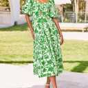 BTFBM Summer Dresses for Women 2026 Spring Outfits Beach Vacation Short Sleeve Smocked Boho Casual Floral Maxi Dress (Green, XL)