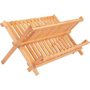 KAEASOUS Bamboo Dish Drying Rack - Large 2 Tier Wooden Dish Drying Rack for Kitchen, Wooden Plate Rack with Foldable Design, Drying Rack for Dishes, Utensils and Cups, Folding Dish Rack for Kitchen