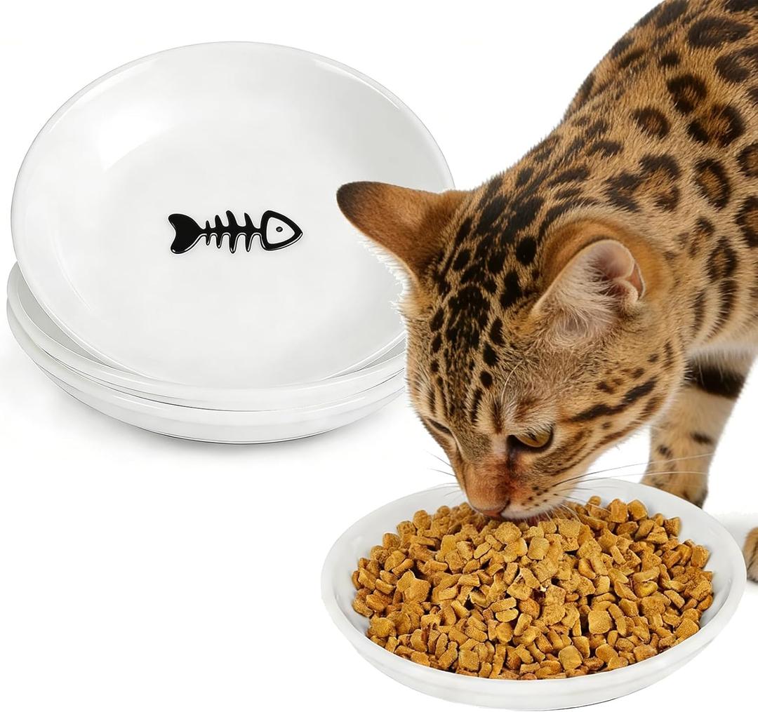 Cat Food Bowls - 3 Pack Whisker Fatigue Ceramic Cats Dishes Set for Indoor Cats, Shallow Wide Kitten Plates for Wet Food and Water, Microwave & Dishwasher Safe