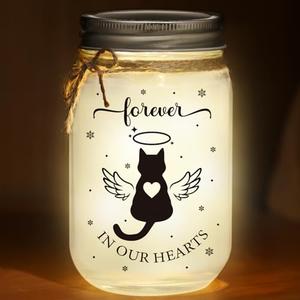 Glooglitter Cat Memorial Gifts for Loss of Cat Mason Jar Night Light Decor Pet Lover Sympathy Remembrance Gifts for Women Loss Loved Pet Bereavement Memorial Ornament