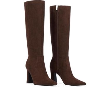 Knee High Boots for Women 3" Chunky Heel Square Toe Fall Winter Side Zipper Dress Tall Boots for Women (8.5, Chocolate Suede)