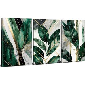Botanical Plant Wall Art Bathroom Emerald Green Wall Decor Abstract Tropical Leaf Pictures for Living Room Green Marble Canvas Painting Boho Monstera Sage Posters Artwork Home Decoration 12x16 3P