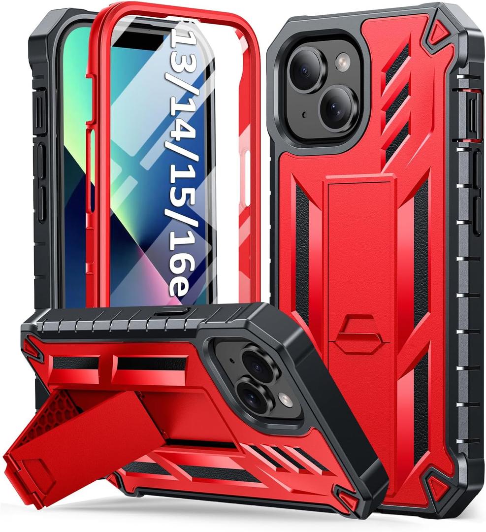 SOiOS for iPhone 13/14/15 Phone Case: for iPhone 16e Protective Cover with Built-in Kickstand | Heavy Duty Military Grade Hard Protection Shock Proof | Durable Dual-Layer Design Red