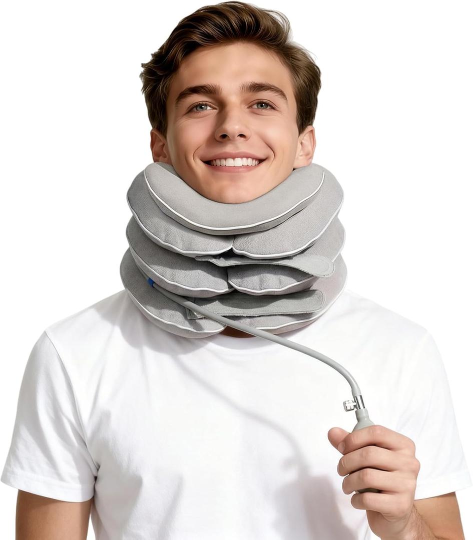 Cervical Neck Traction Device for Home Use, Inflatable Neck Stretcher for Instant Neck Pain Relief, Adjustable Neck Support Brace, Neck Decompression, Neck Extender (Light Grey)