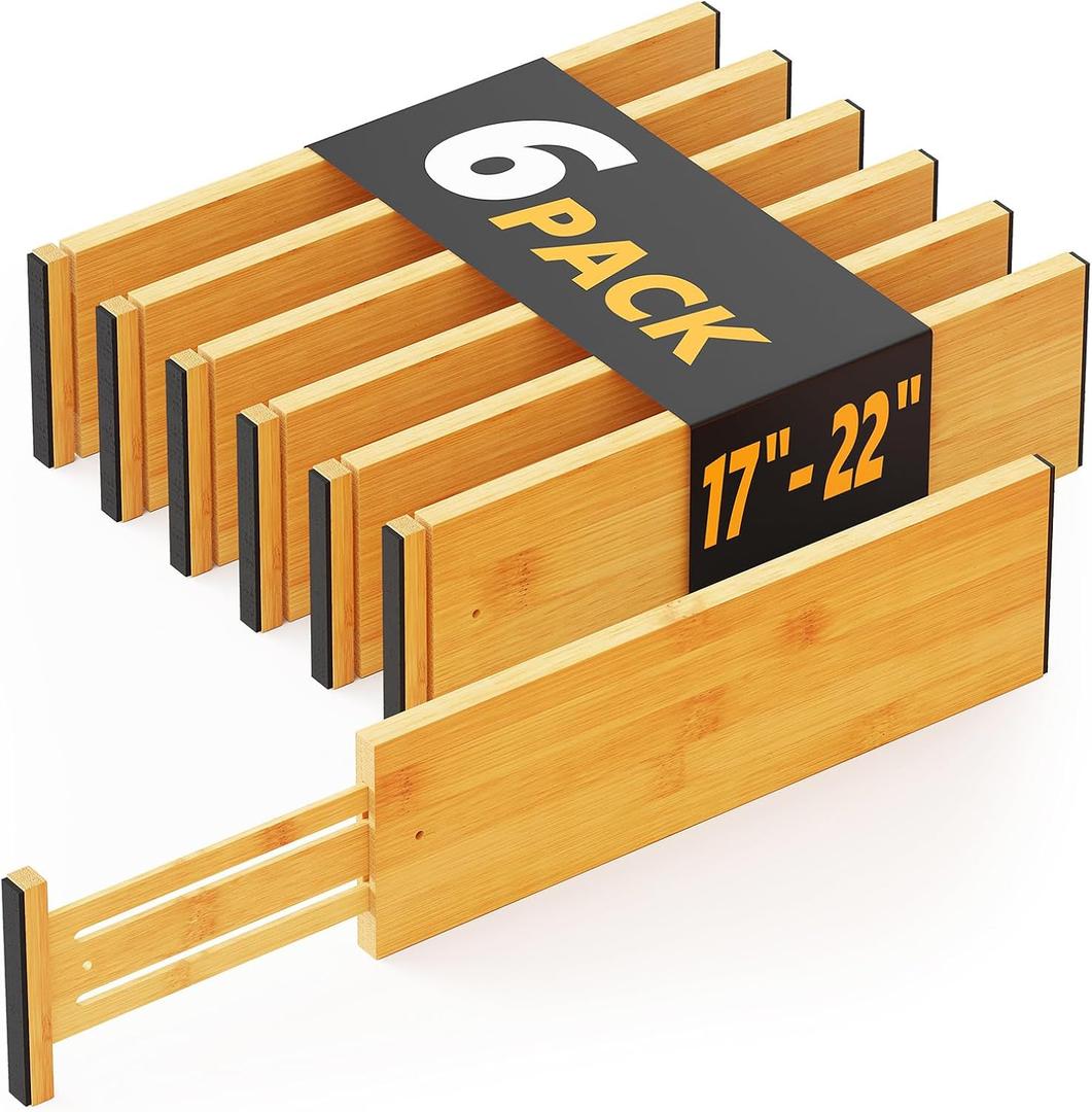 SpaceAid Bamboo Dresser Drawer Dividers 6 Pack, 4.65 High Adjustable 17-22 Drawer Organizers, Expandable Organization for Clothing, Clothes, Dressers, Natural