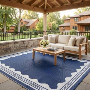 Garvee Outdoor Rug 5x8 Scalloped Waterproof Patio RV Outdoor Rugs Reversible Foldable Plastic Straw Rug Modern Camping Carpet for Deck Camper Porch Balcony Backyard Picnic Beach Dark Blue