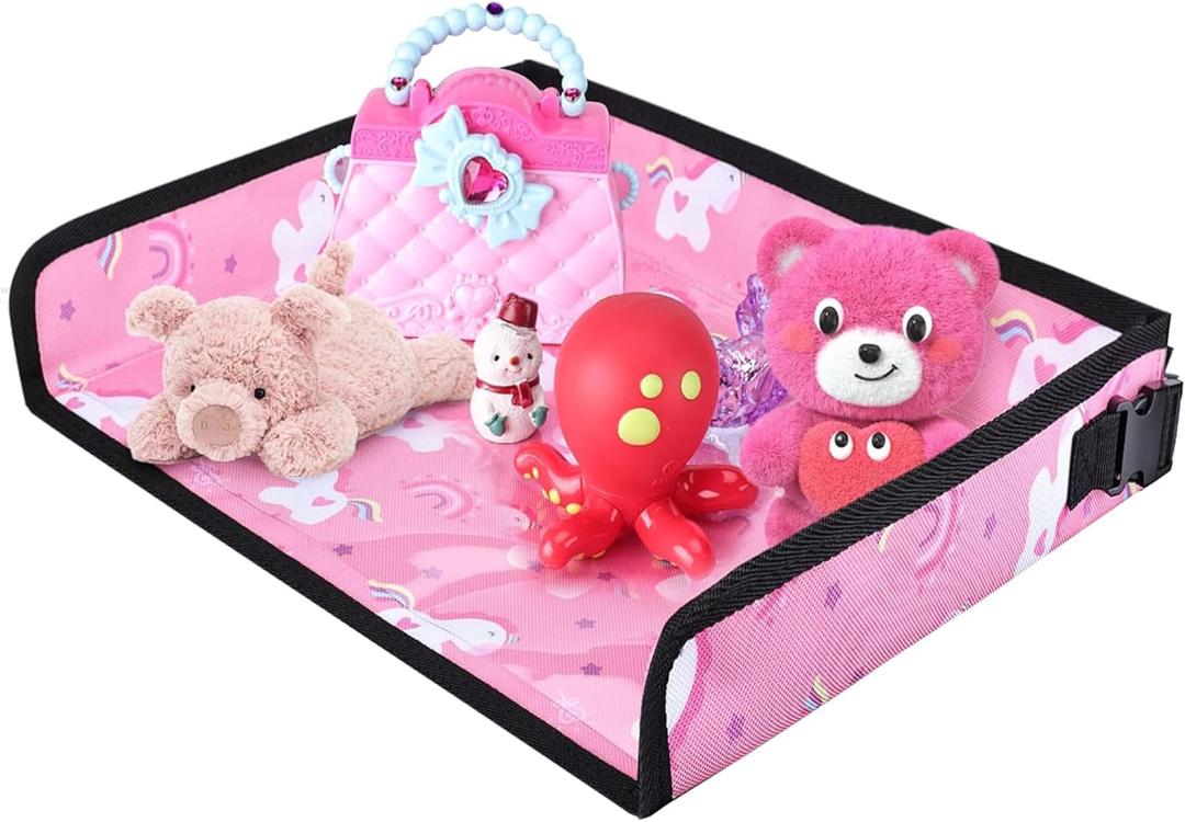 Kids Travel Tray Table Cover with Pockets  Airplane Essentials for Toddlers, Portable Activity Organizer for Plane, Train Car & Highchair, Machine Washable (Pink)