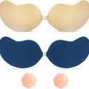 Invisible Sticky Bra Strapless Adhesive Bras Silicone Stick on Push Up Seamless Reusable Backless Bra for Women 2pack (Beige + Navy)