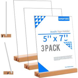 Smarpau 5x7 Acrylic Sign Holder with Wood Base, 3 Pack L/T Shape 2 in 1 Table Sign Stand Vertical or Slant Back Display, Photo Picture Frame, Menu Holder for Restaurant, Office, Store, Wedding