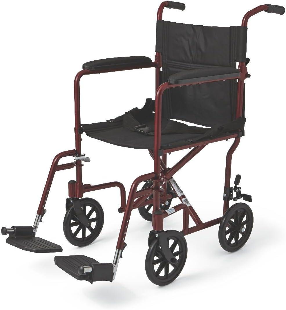 Medline Basic Aluminum Transport Chair with 19" Wide Seat, Full-Length Armrests, Detachable Footrests, 8" Wheels, 300 lb Weight Capacity, Red