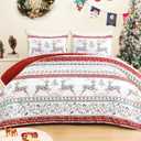 Exclusivo Mezcla Reversible Christmas Quilts King Size, Red Bedspread Lightweight Coverlet Winter Quilt Bedding Set with Printed Striped Flowers Reindeer Pattern (1 Quilt, 2 Pillow Shams)