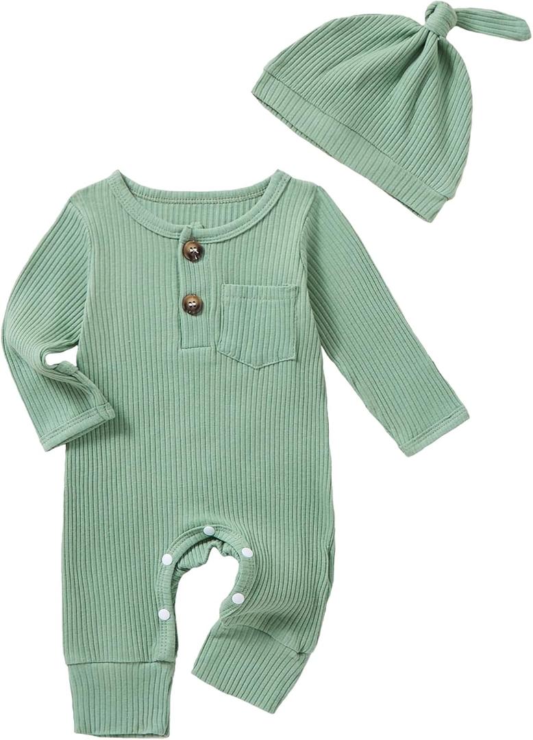 Newborn Baby Boy Girl Clothes Infant One Piece Rompers Solid Ribbed Knit Hat Long Sleeve Clothing Set (Preemie, Light Green)