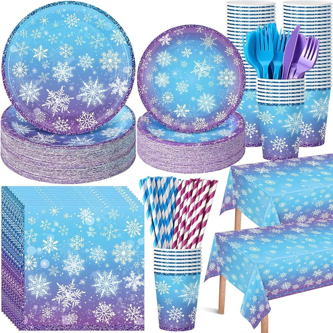 Funnymoom 452 Pcs Snowflake Party Decorations Purple Blue Wonderland Disposable Paper Plates Napkins Cups Tablecloth Cutlery Straws for Holiday Birthday Party Supplies
