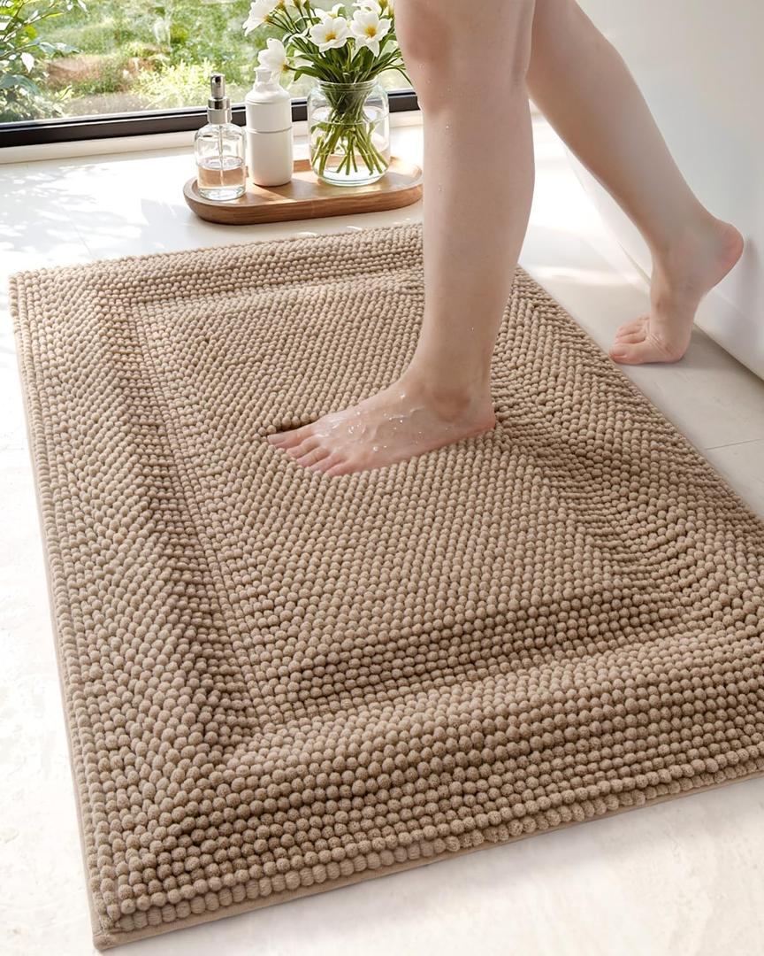 DEXI Bath Mats for Bathroom 20x32, Non Slip Washable Bathroom Rug, Thick Soft Chenille Absorbent Bathmat for Shower Floor, Fluffy Shaggy Carpet for Tub, Dark Beige (1'8" x 2'8" (Rectangular))