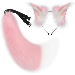 Faux Fur Furry Cat Ears Headband and Fox Wolf Tail Plush Cosplay Costume Accessories Set Halloween Parties (Pinkwhite)